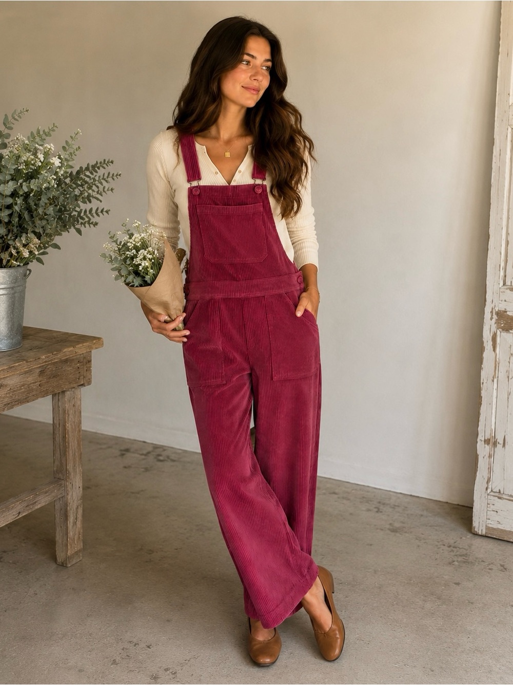 Farm Rio Burgundy Corduroy Overalls Jumpsuit Wide Leg Boho Retro Chic Size Small